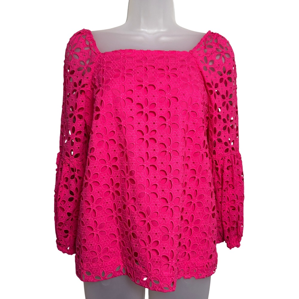 Trina Turk Square Neck Puff Sleeve Elastic Cuffs Floral Eyelet Blouse Womens XS
